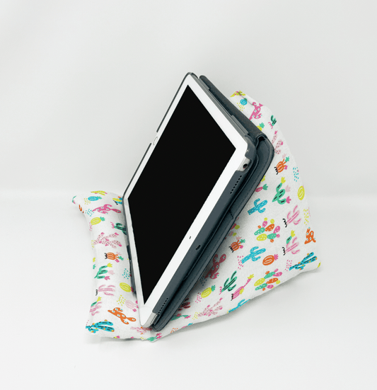 Cactus print tablet book pillow stand holding a tablet for hands-free reading and viewing