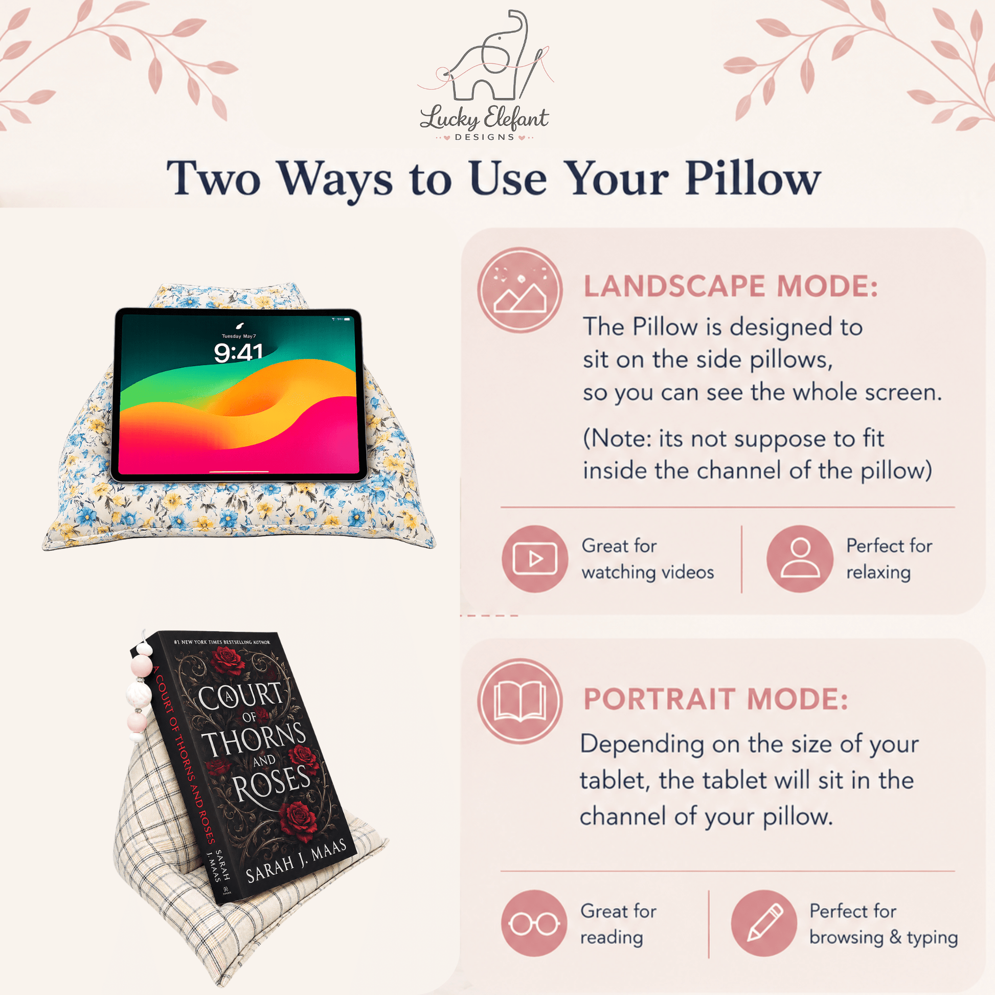Blue & Yellow Floral Tablet Pillow Stand – Hands - Free Reading & Viewing Cushion - Lucky Elefant Designs