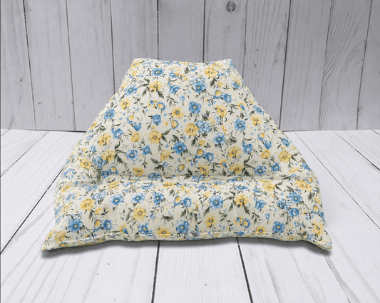 Blue & Yellow Floral Tablet Pillow Stand – Hands - Free Reading & Viewing Cushion - Lucky Elefant Designs