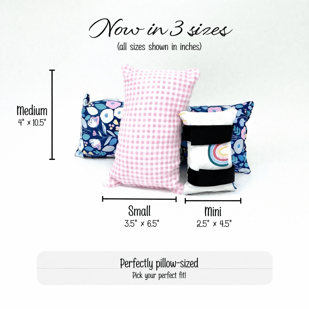 Chemo port pillow size options including mini small and medium sizes shown in inches for comfortable fit