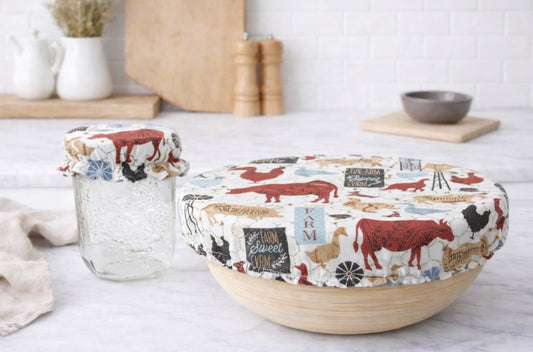 Reusable fabric bowl and jar covers in farmhouse print, sustainable kitchen storage covers for bowls and jars