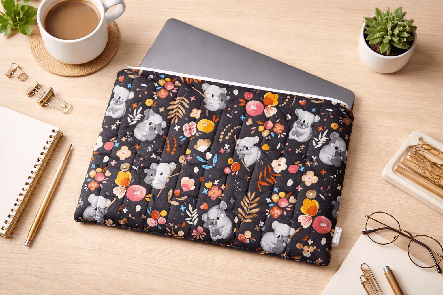 Dark floral quilted laptop sleeve with padded protection on a desk with laptop, styled flatlay for everyday use