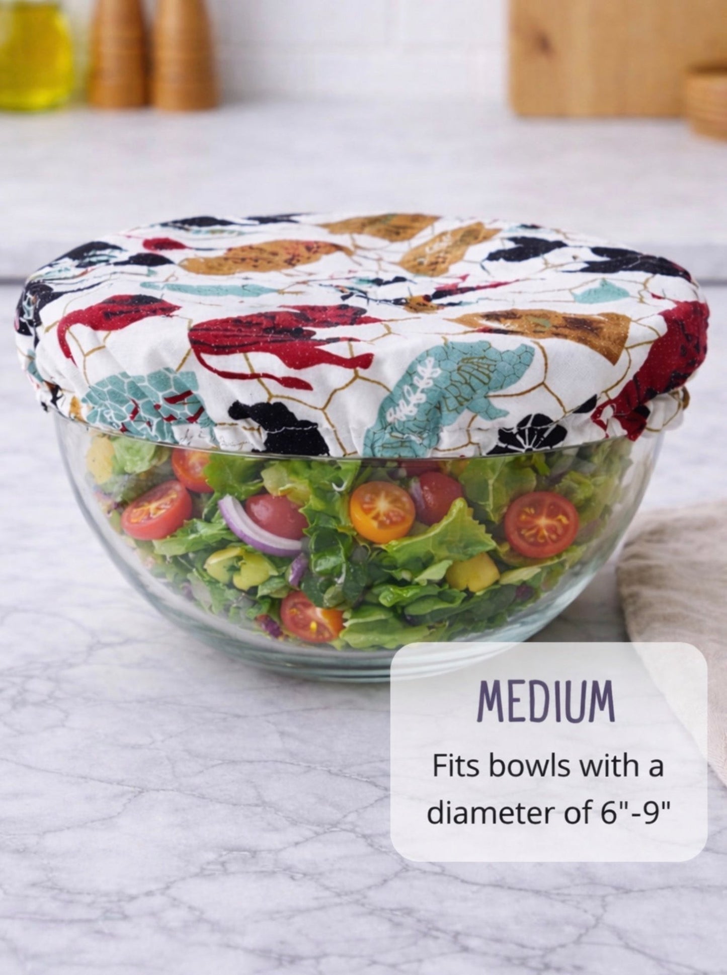 Medium reusable bowl cover on glass salad bowl, washable fabric food cover for 6–9 inch bowls