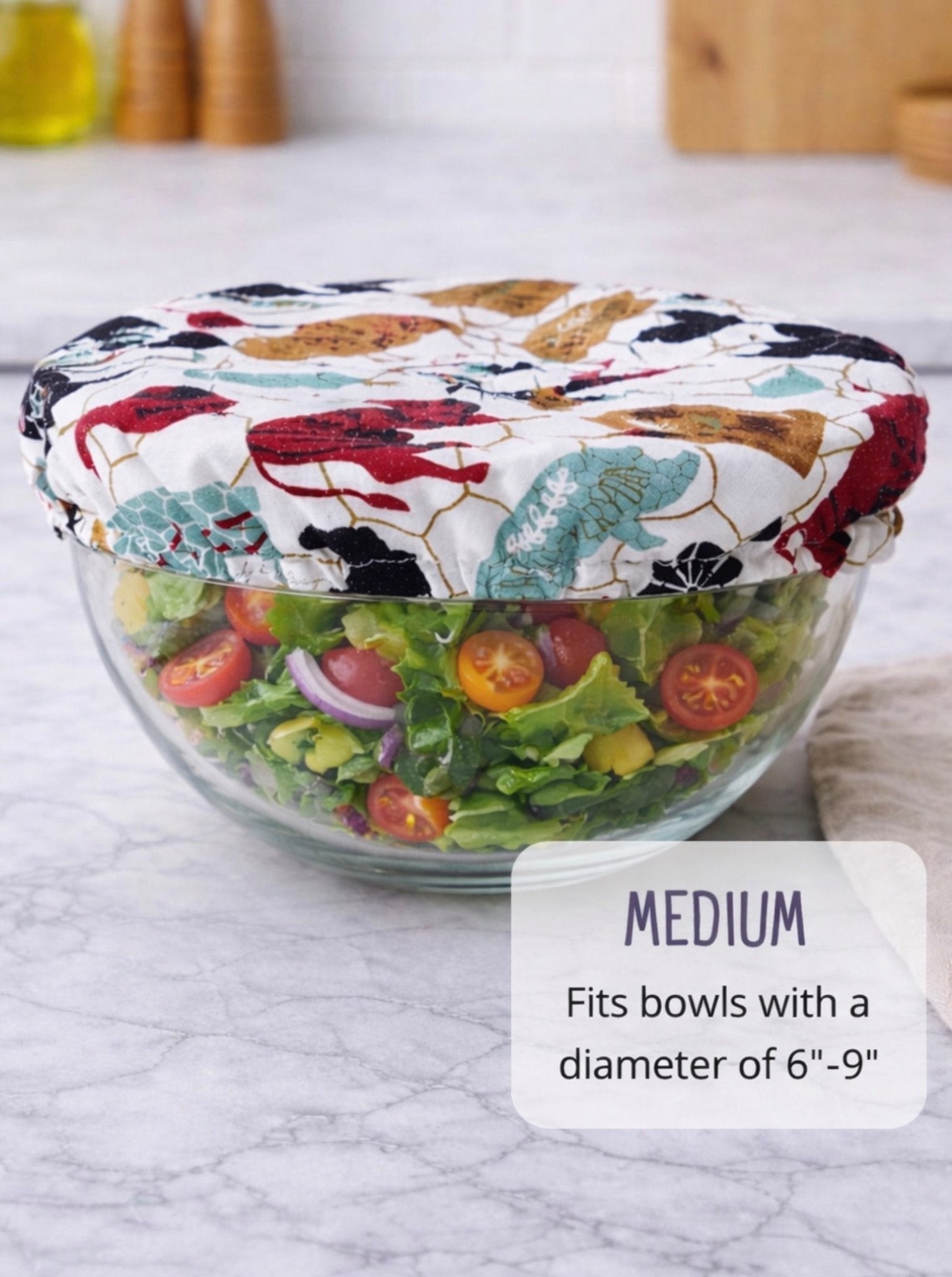 Medium reusable bowl cover on glass salad bowl, washable fabric food cover for 6–9 inch bowls