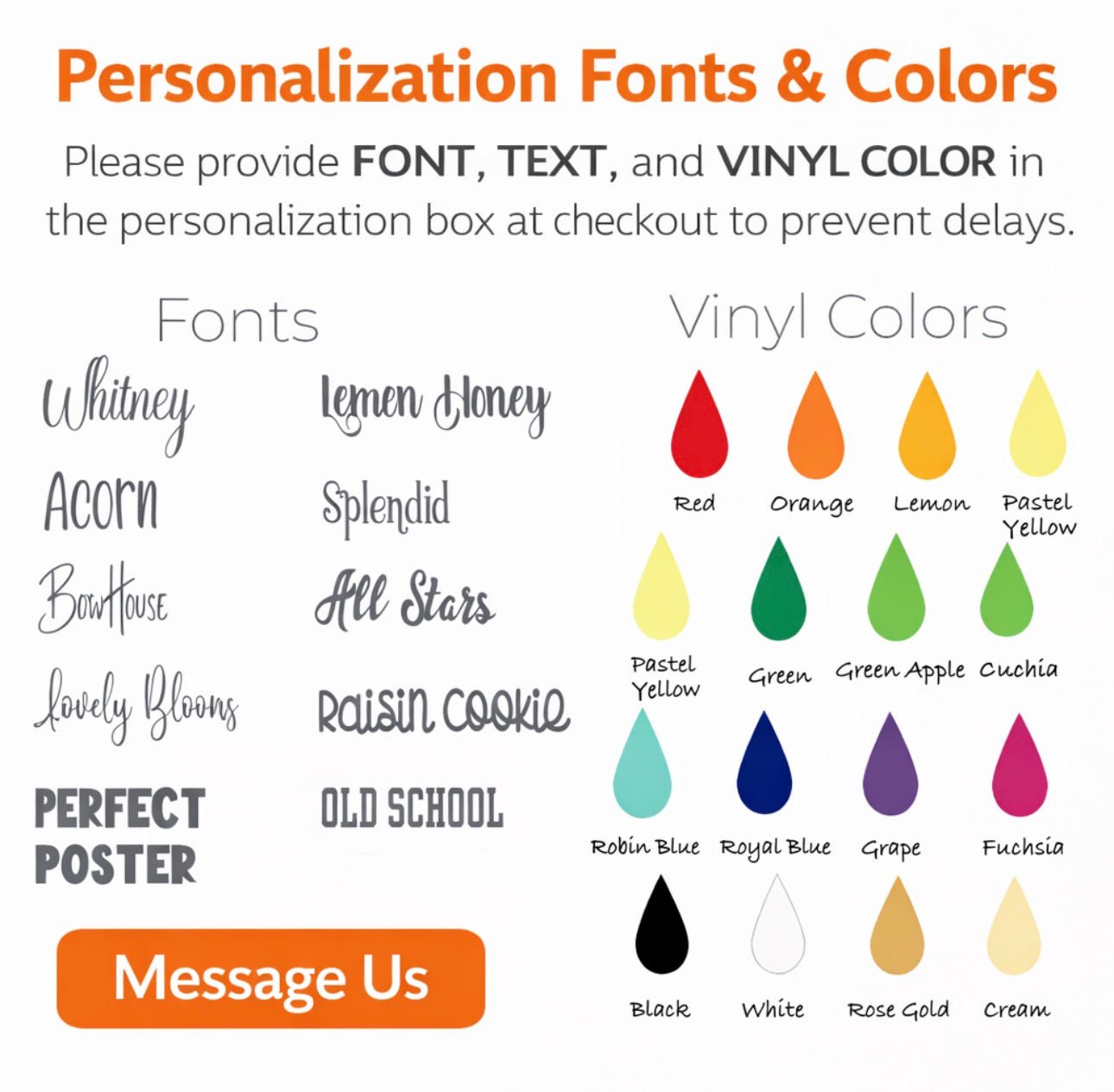 Personalization chart showing font styles and vinyl color options for custom name wristlet keychains, including multiple fonts and color choices
