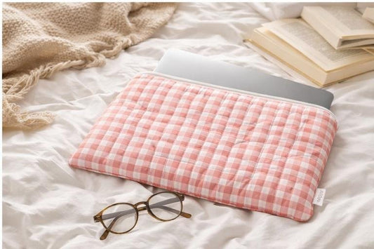 Pink Gingham Quilted Laptop Sleeve | Padded Computer Case - Lucky Elefant Designs