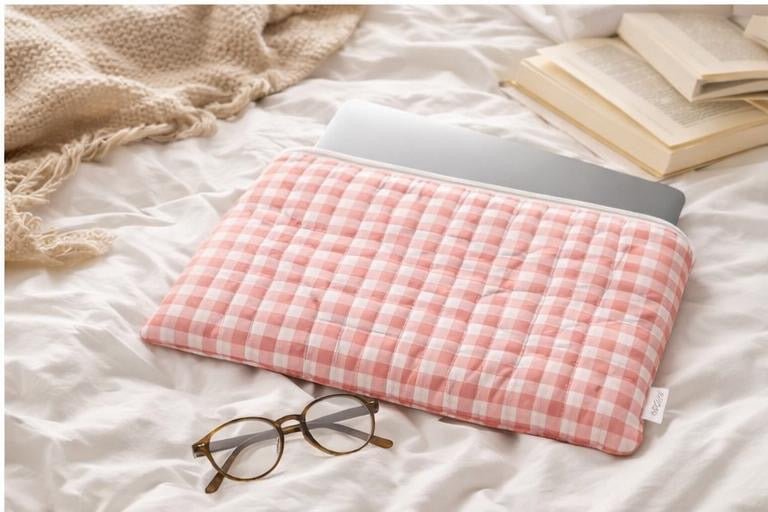Pink gingham quilted laptop sleeve holding a laptop on a cozy bed, soft padded case for everyday protection
