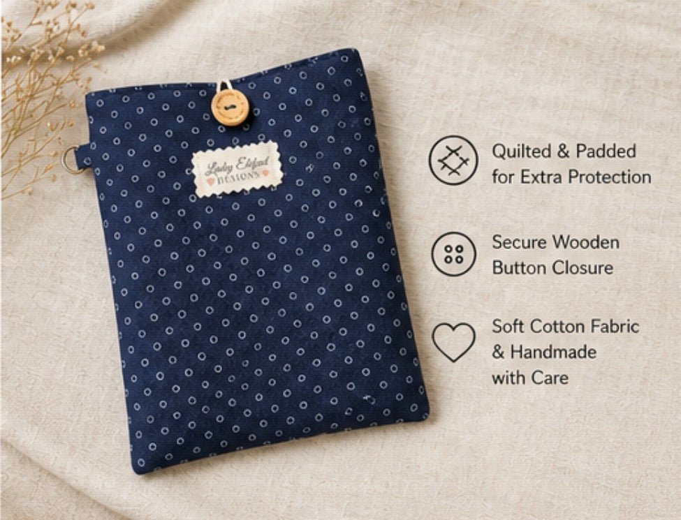 Quilted eReader Sleeve | Handmade Kindle Case | Padded Book Sleeve with Button Closure | Lucky Elefant Designs - Lucky Elefant Designs