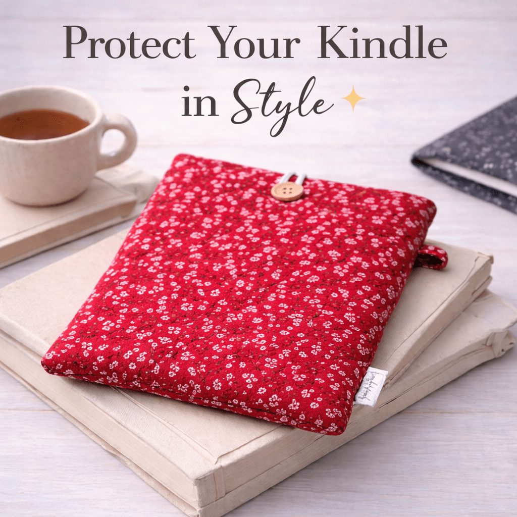 Quilted Kindle & Book Sleeve – Red Floral Fabric - Lucky Elefant Designs