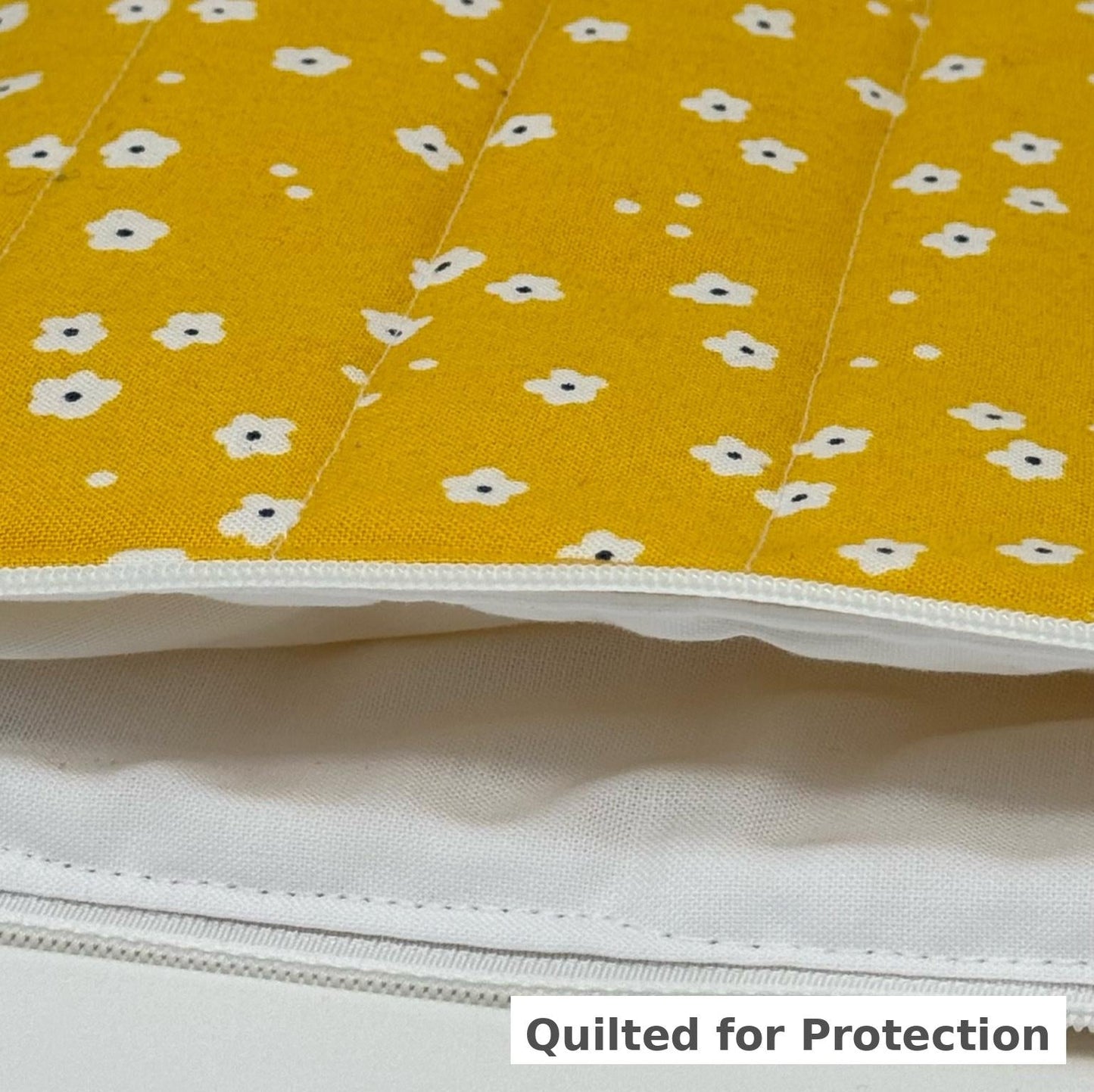 Close-up of quilted laptop sleeve showing padded protection, soft inner lining, and zipper detail for secure device storage