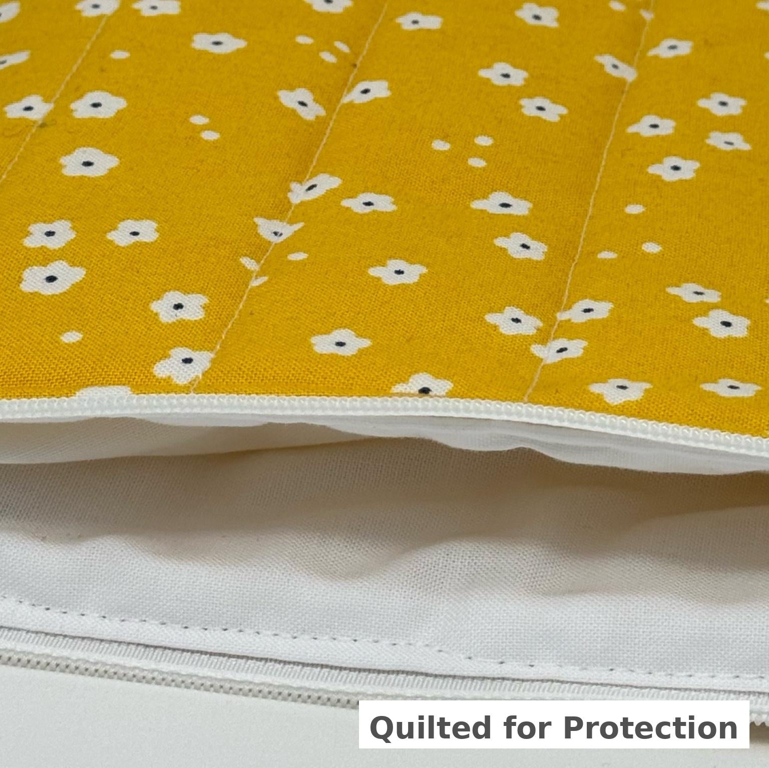 Close-up of quilted laptop sleeve showing padded protection, soft inner lining, and zipper detail for secure device storage