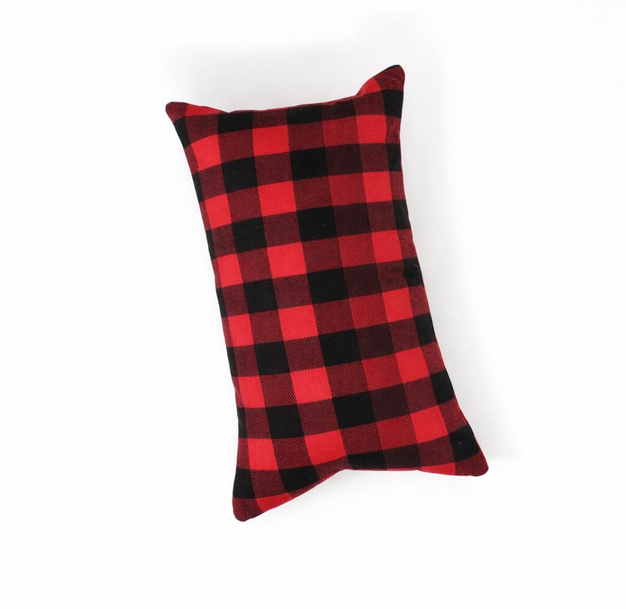 Red buffalo plaid chemo port pillow used as a seatbelt cushion to protect chest port from pressure and irritation