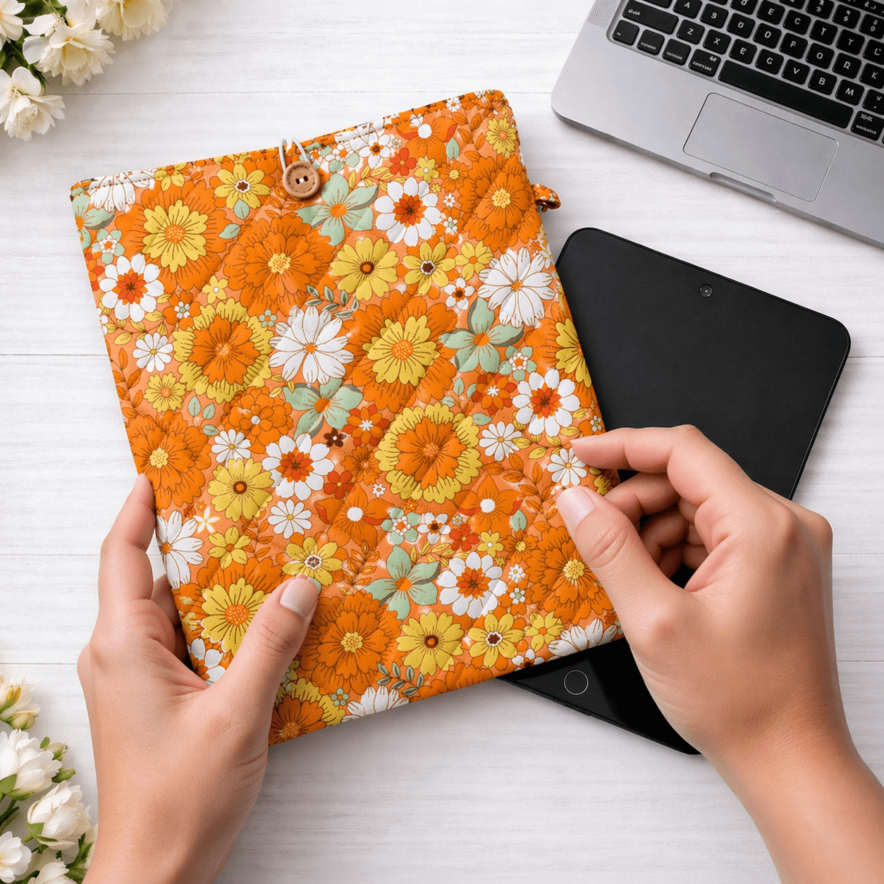 Retro Floral Quilted Tablet Sleeve | Handmade Padded Book & iPad Case - Lucky Elefant Designs