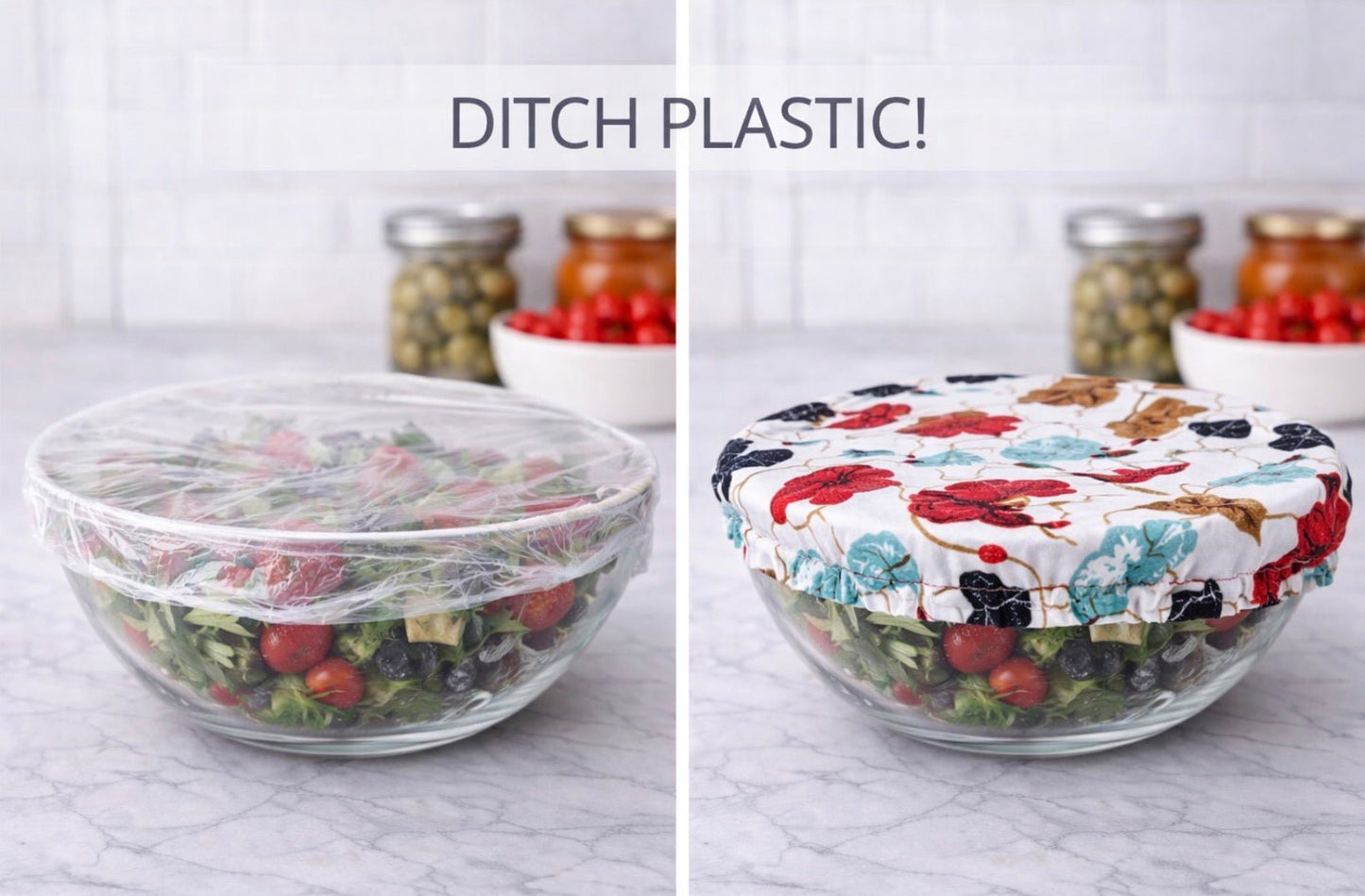 Reusable fabric bowl cover replacing plastic wrap on glass bowl, eco-friendly kitchen food storage alternative