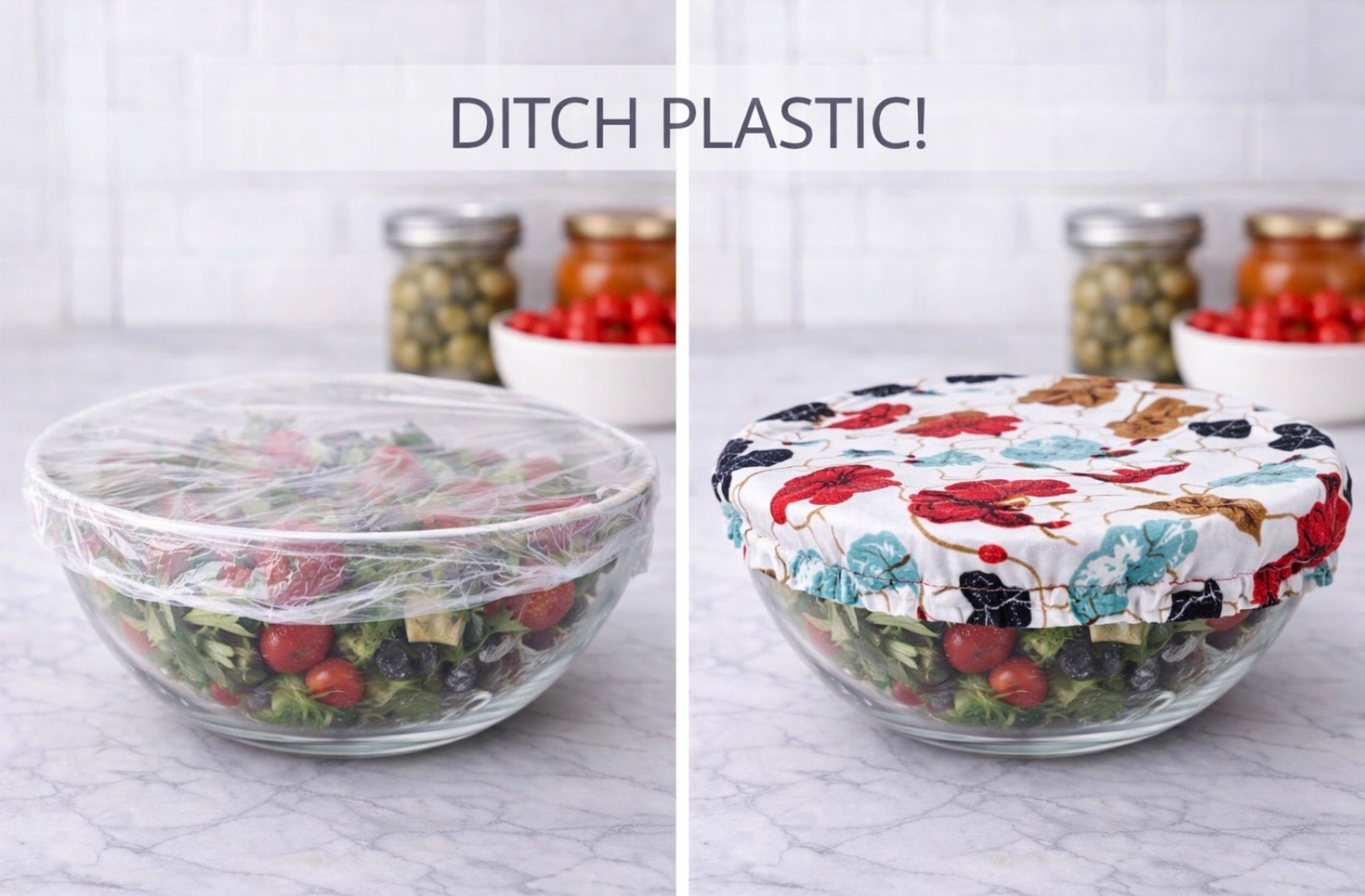 Reusable fabric bowl cover replacing plastic wrap on glass bowl, eco-friendly kitchen food storage alternative