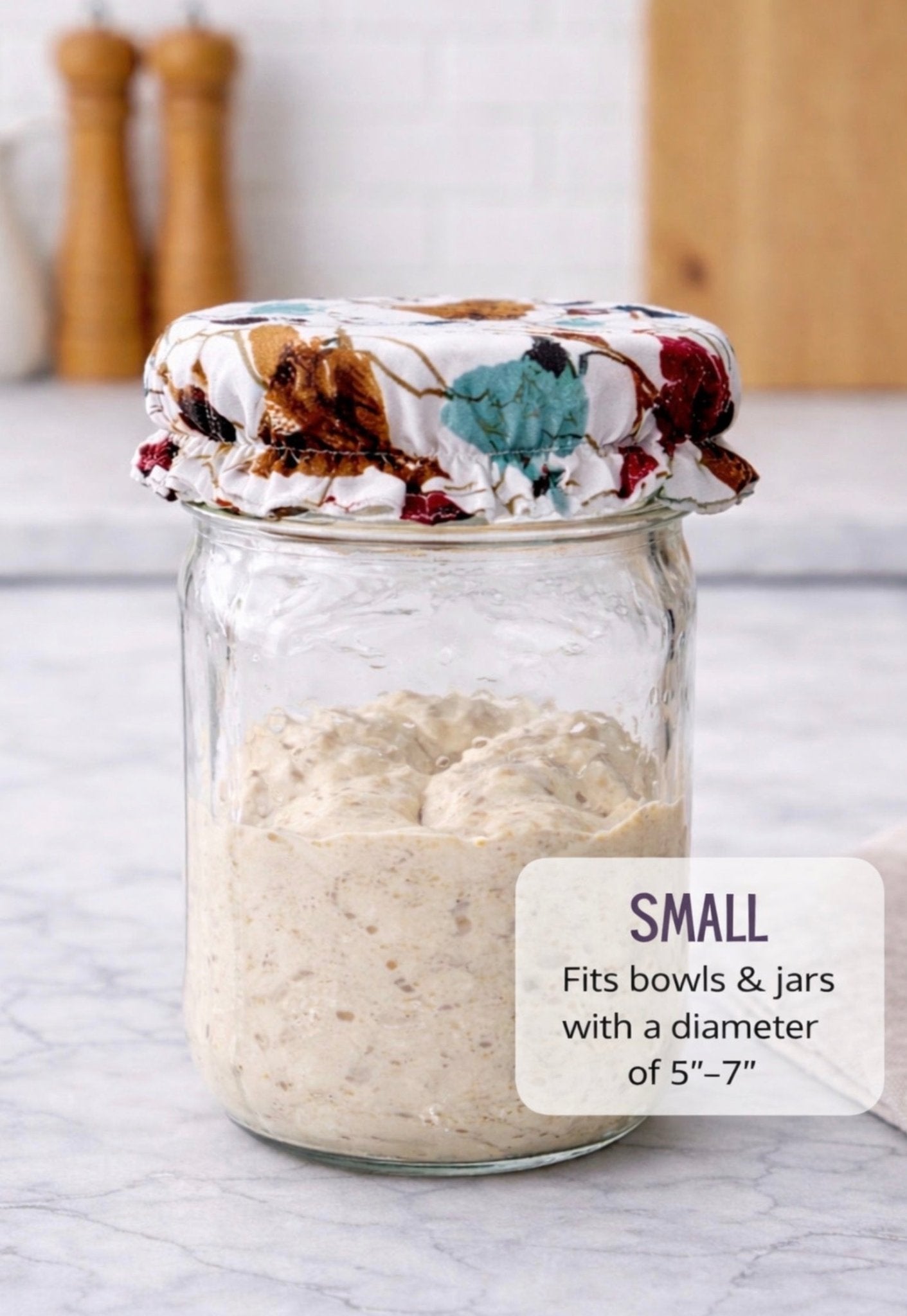 Small reusable fabric jar cover on glass jar, breathable bowl cover for sourdough and food storage