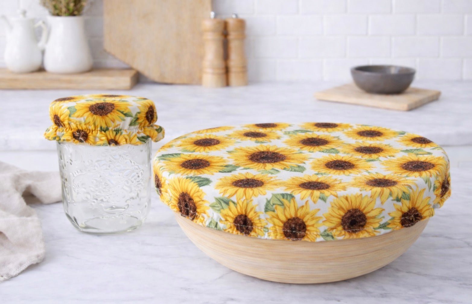 Sunflower print reusable fabric bowl cover on bowl and jar, eco-friendly kitchen cover for food storage