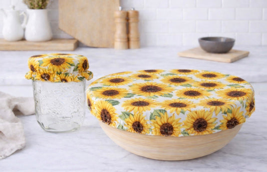 Sunflower print reusable fabric bowl cover on bowl and jar, eco-friendly kitchen cover for food storage