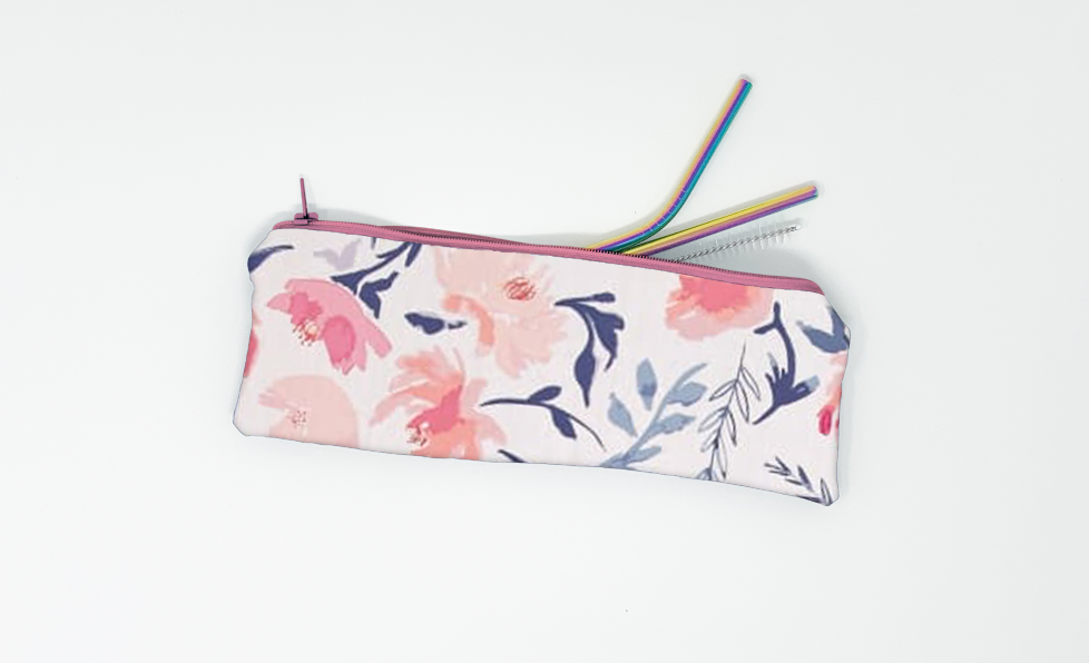 Watercolor Floral Pink Straw Pouch