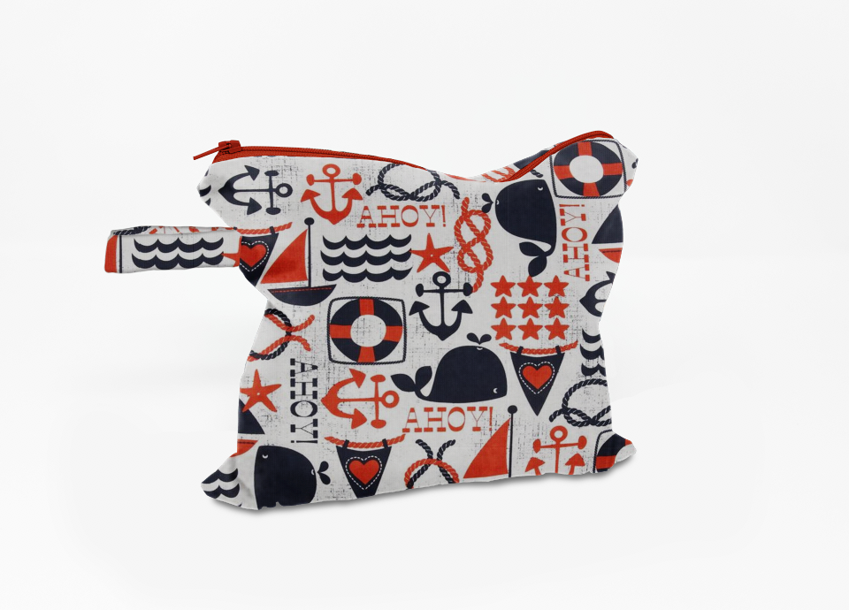 Ahoy Matey Fabric, Nautical Fabric, Reusable Wet Bag, Waterproof Zipper Pouch, Zipper Beach Bag