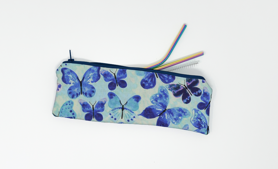 Blue Butterfly Straw Pouch