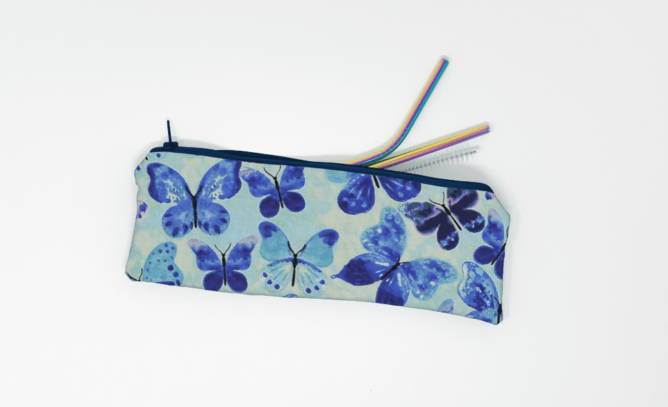 Blue Butterfly Straw Pouch - Lucky Elefant Designs