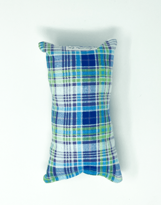 Blue and green plaid handmade chemo port pillow designed to protect chest port and provide gentle cushioning