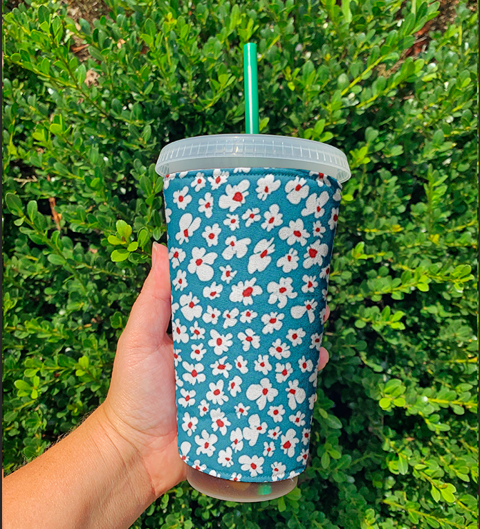 Blue White Floral Reusable Cup Sleeve - Lucky Elefant Designs
