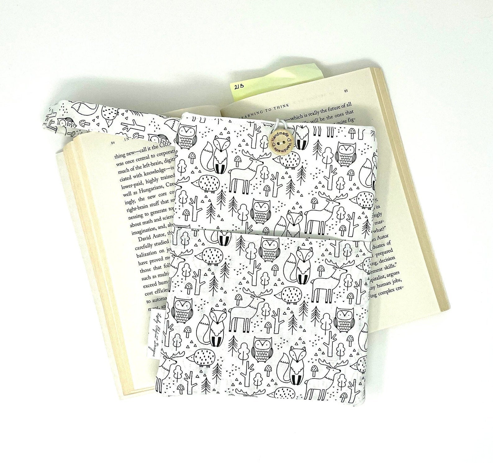 black and white woodland animal book tablet sleeve