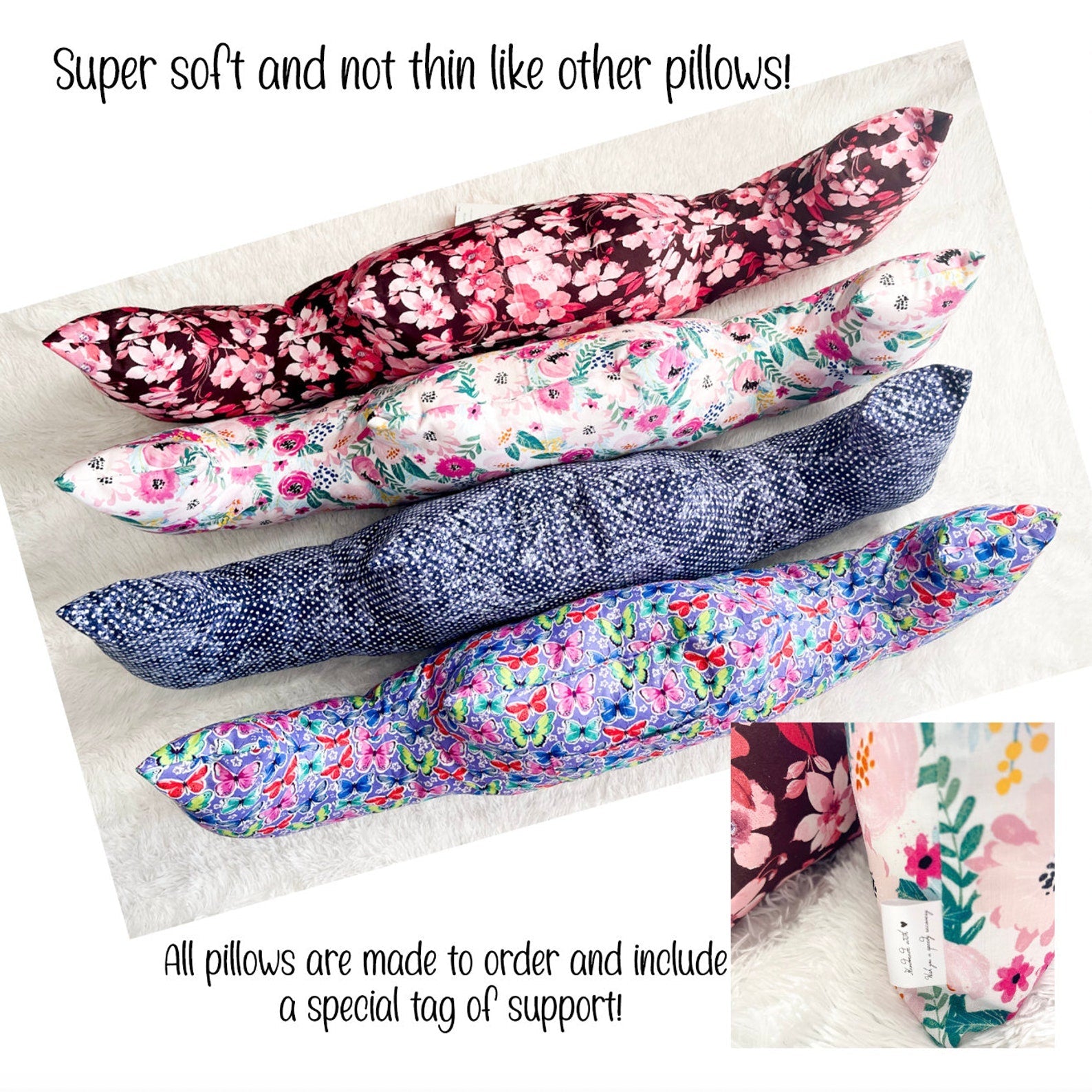 Handmade mastectomy pillows in floral fabric options, soft supportive cushions for post-surgery recovery and comfort