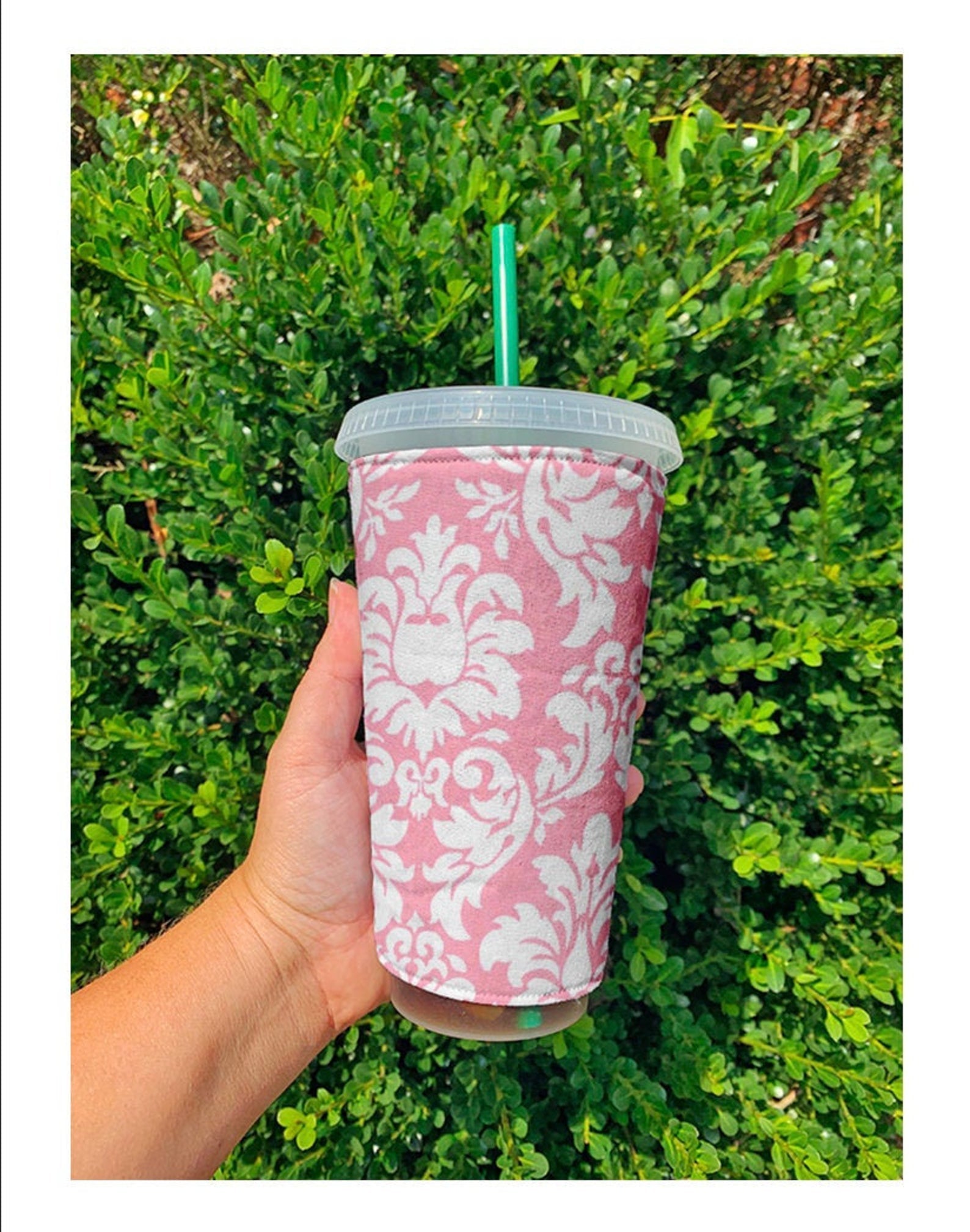 Pink Damask Reusable Cup Sleeve - Lucky Elefant Designs
