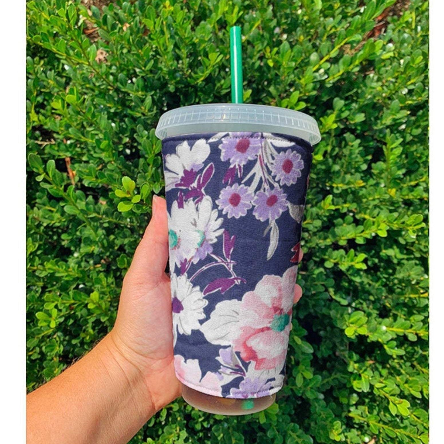 Purple Floral Reusable Cup Sleeve - Lucky Elefant Designs