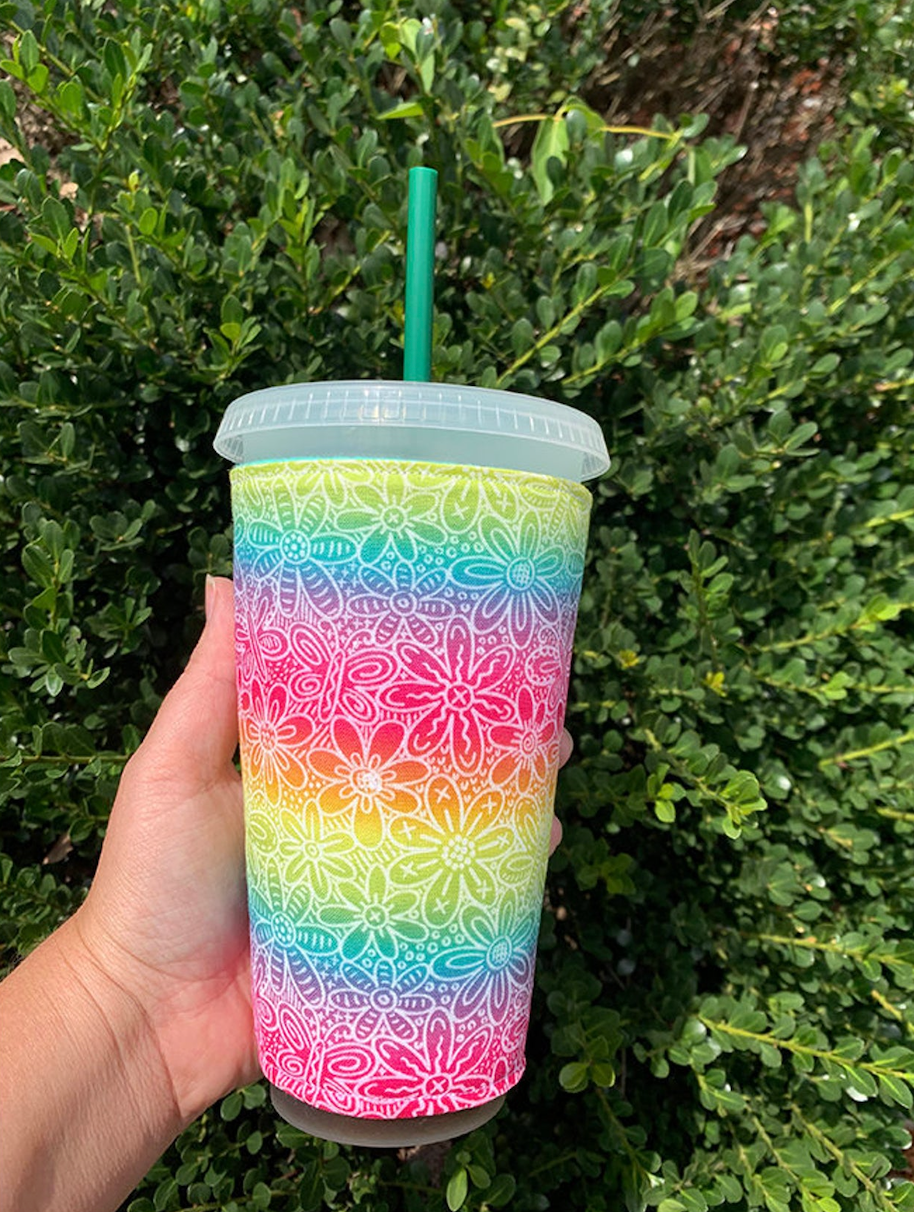 Rainbow Floral Reusable Cup Sleeve - Lucky Elefant Designs