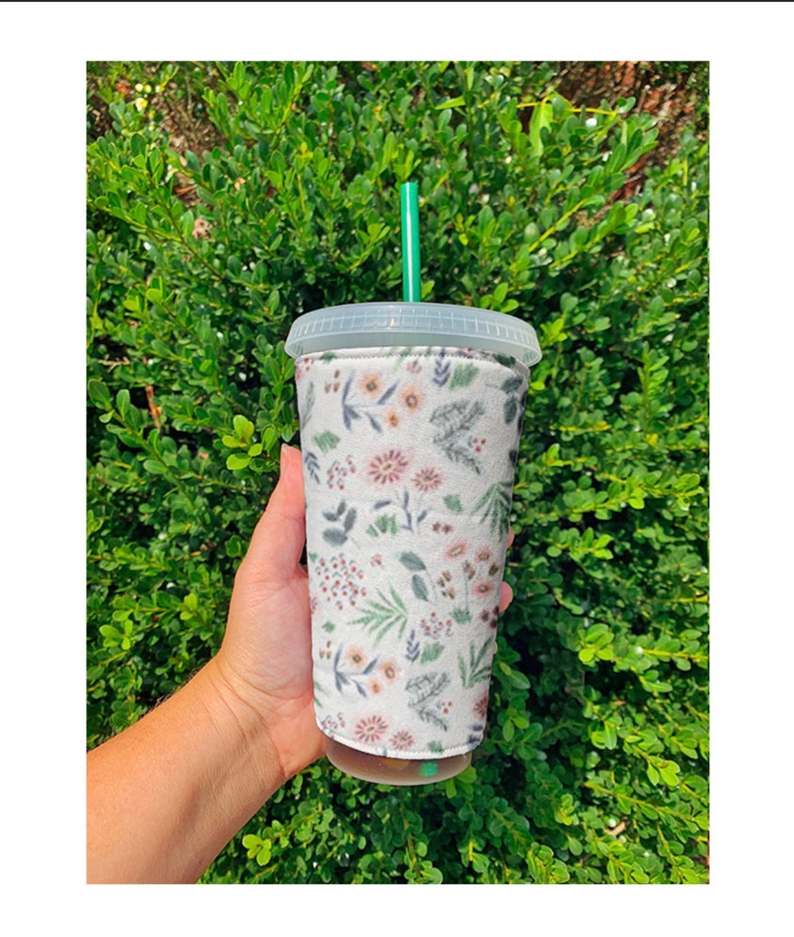 White Floral Reusable Cup Sleeve - Lucky Elefant Designs
